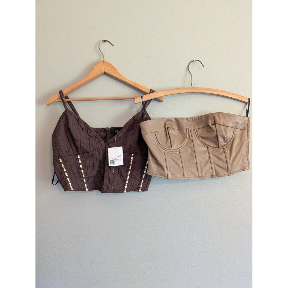 Lot of 2 Forever 21 Faux Leather Tube Top Eyelet Lace Corset Cami Brown Festival